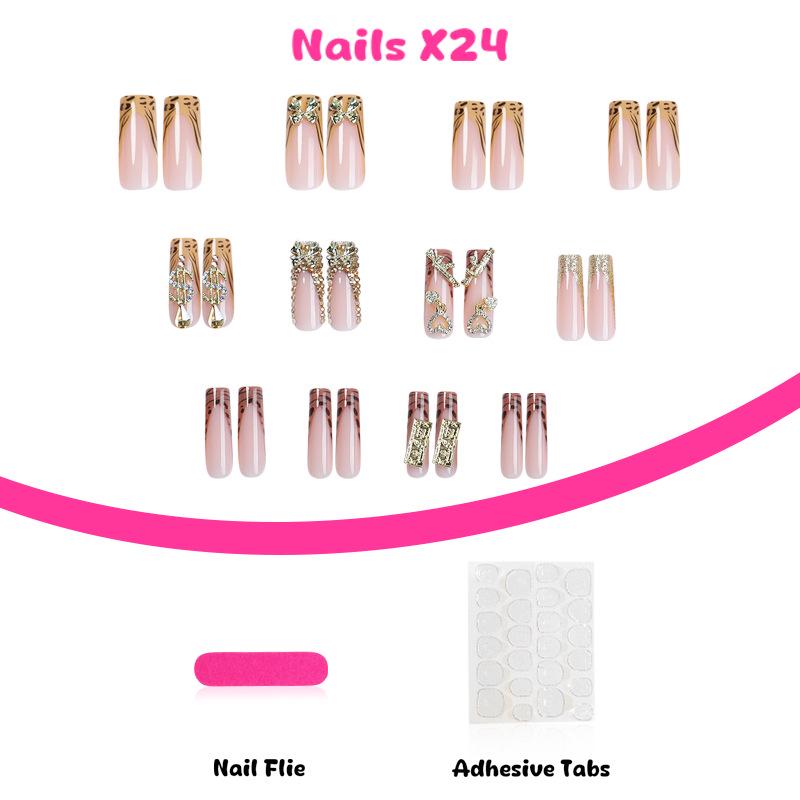 European/American Bowknot Rhinestone Leopard Long False Nails with Gold Inlay.