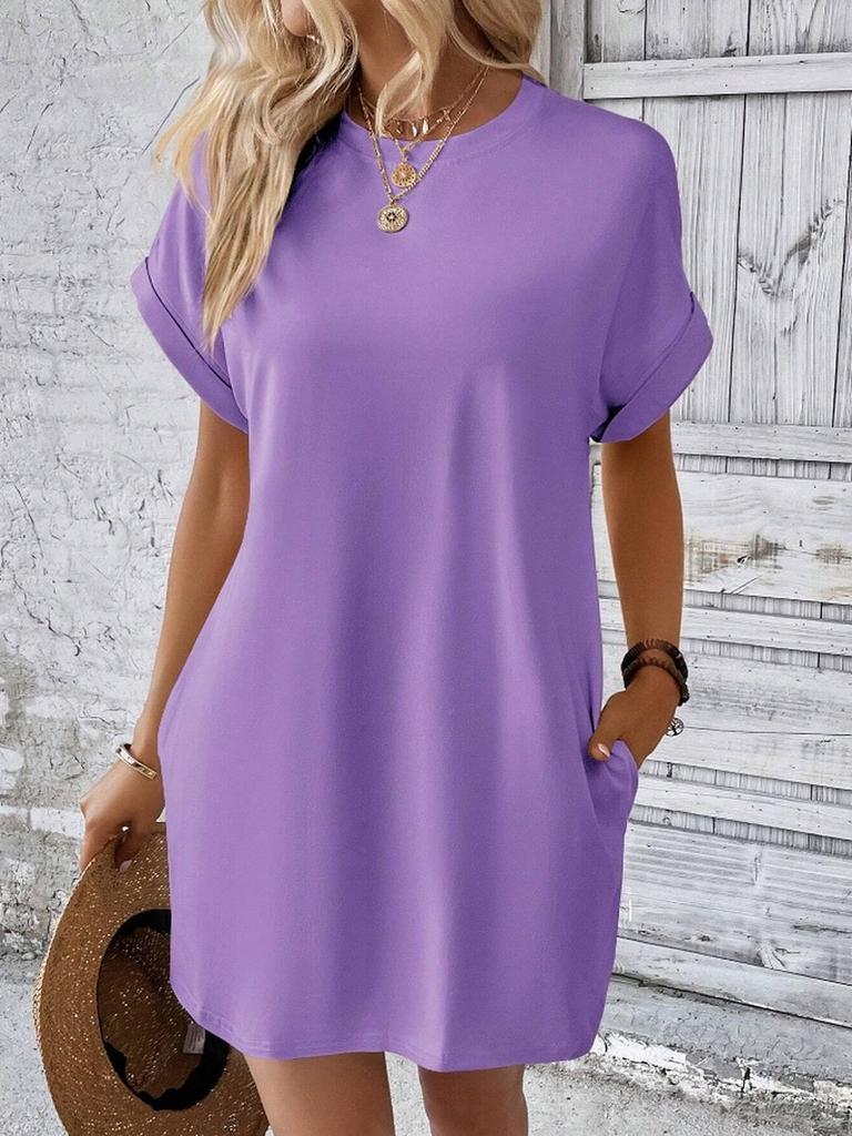Women's Summer New Arrivals Solid Color Crew Neck Loose Short Sleeve Pocket Dress