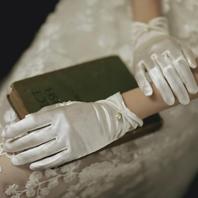 1 Pair Bride Wedding Gloves Pleated Smooth Satin Anti-slip Faux Pearl Decor Elastic Pure Color Dance Ball Banquet Cocktail Party Lady Gloves