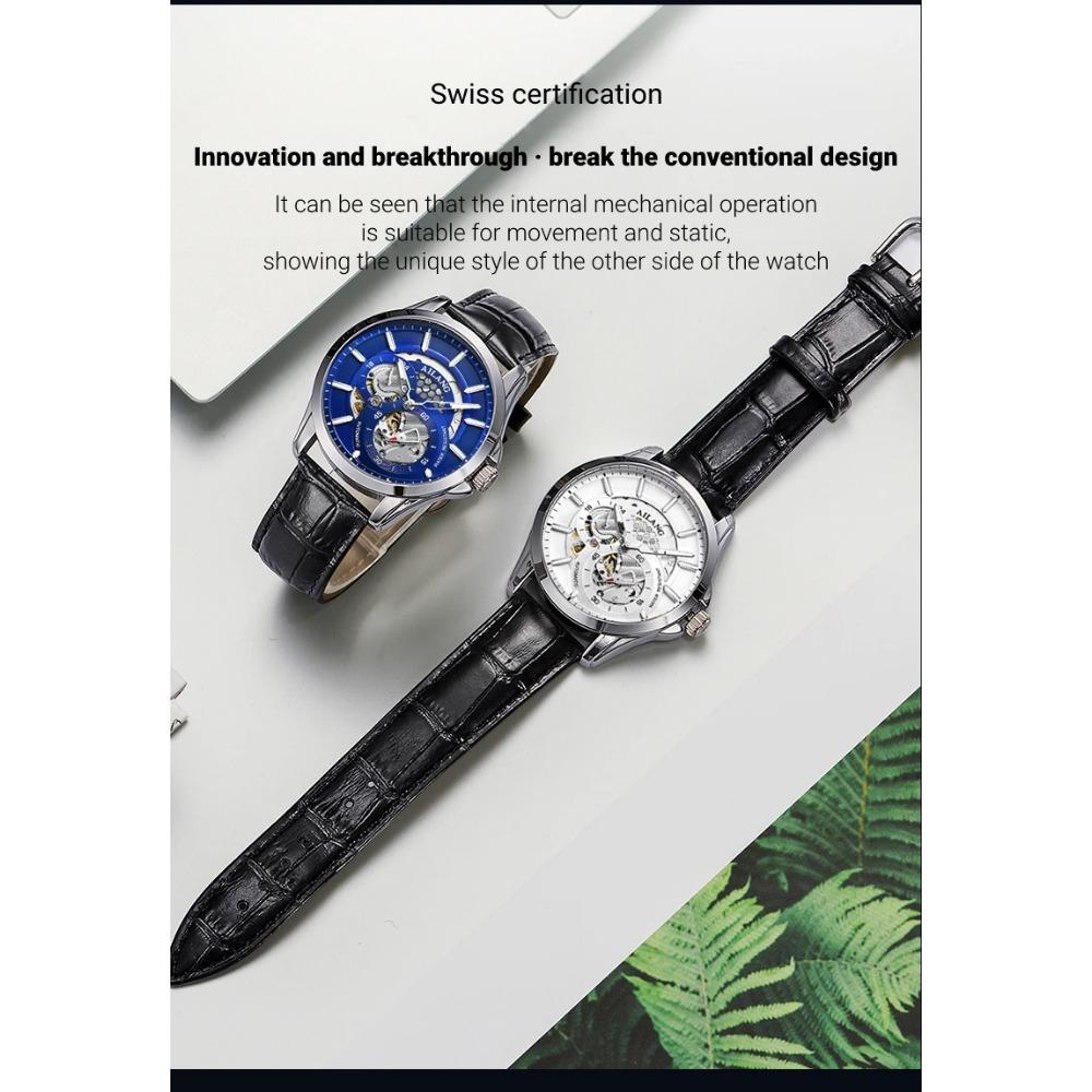 AILANG Men Automatic Mechanical Wristwatch Hollow Skeleton Dial Stainless Steel Band Business Sport Male Watch