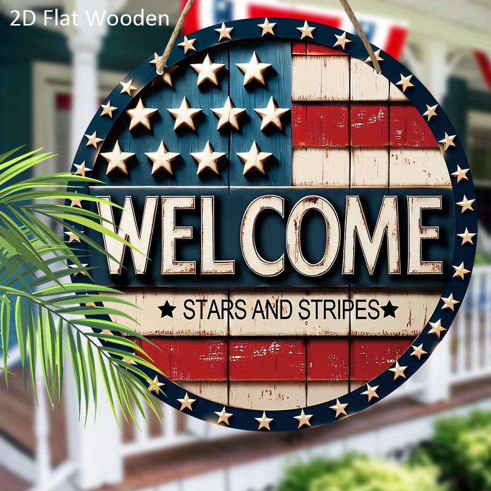 1pc 2D Flat Sign Happy Independence Day Wooden Hanging Sign Welcome Independence Day Decorations Vintage Wall Hanging Art Decoration Door Decor