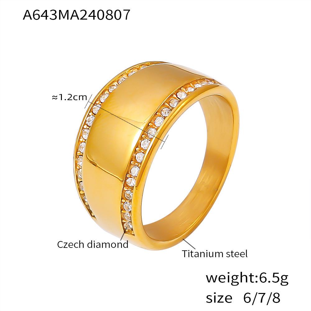 

Европейское и американское минималистичное кольцо с широкой шинкой из титановой стали с покрытием из 18-каратного золота, инкрустированное бриллиантами с высоким блеском Size 7
