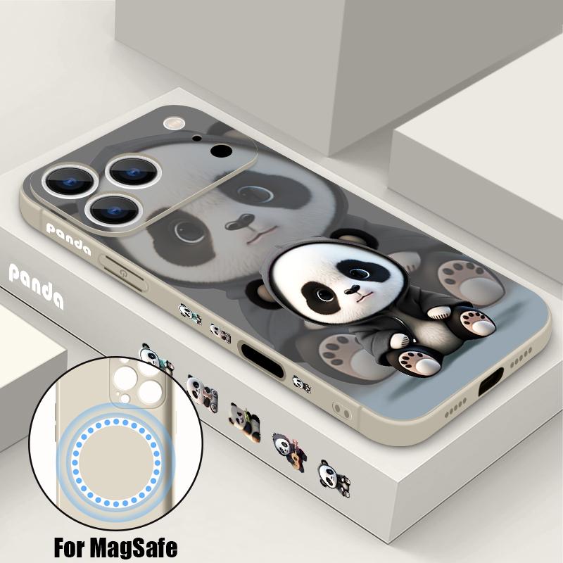 Black Coat Panda Pattern Case For iPhone 17 Pro Max Magnetic For Magsafe Silicone Cover For iPhone 16 Pro Max Funda iPhone 15 14 13 12 11 16E Air