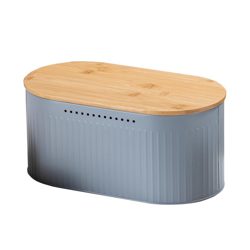 

Grey vertical pattern metal bread box food grade baking and freshness storage jar household oval bamboo lid bread box