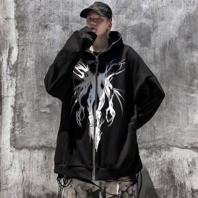 Harajuku Y2K Devil Wings Hoodie Jacket In Black – Unisex Autumn Style with Zipper and Hood
