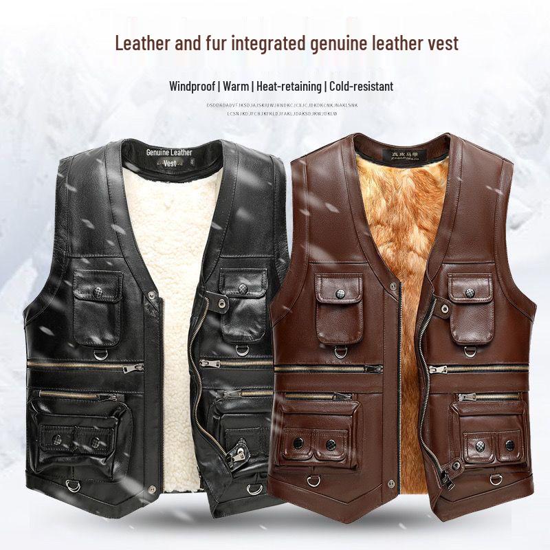 Herren Plus Size West aus echtem Rindsleder mit mehreren Taschen – Lässiges Gilet für Frühling, Herbst, Winter & Vaters Outfit