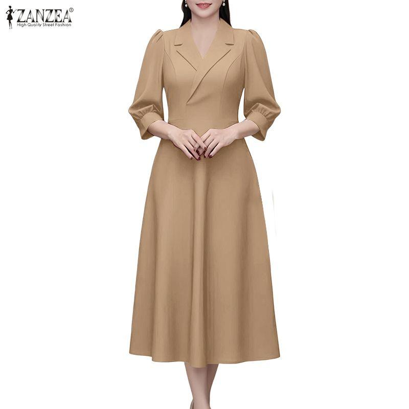 ZANZEA Dámské ležérní elegantní šaty s výstřihem do V a 3/4 rukávem
