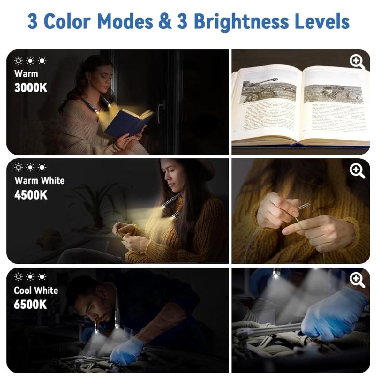 Comfortable Silicone Neck Lamp 3 Lighting Option USB C Fast Charge 2 Hours For Technicians Creators Readers Hiking Use