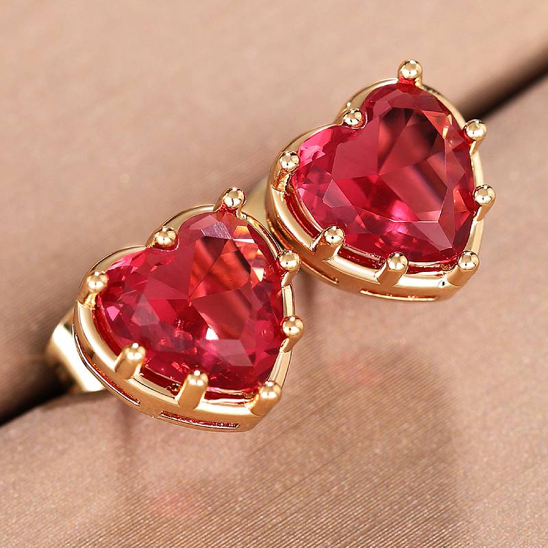 

Huitan Sweet Heart Women Stud Earrings with Shining Red CZ Charming Accessories for Wedding Engagement Gold Color Zircon Gift