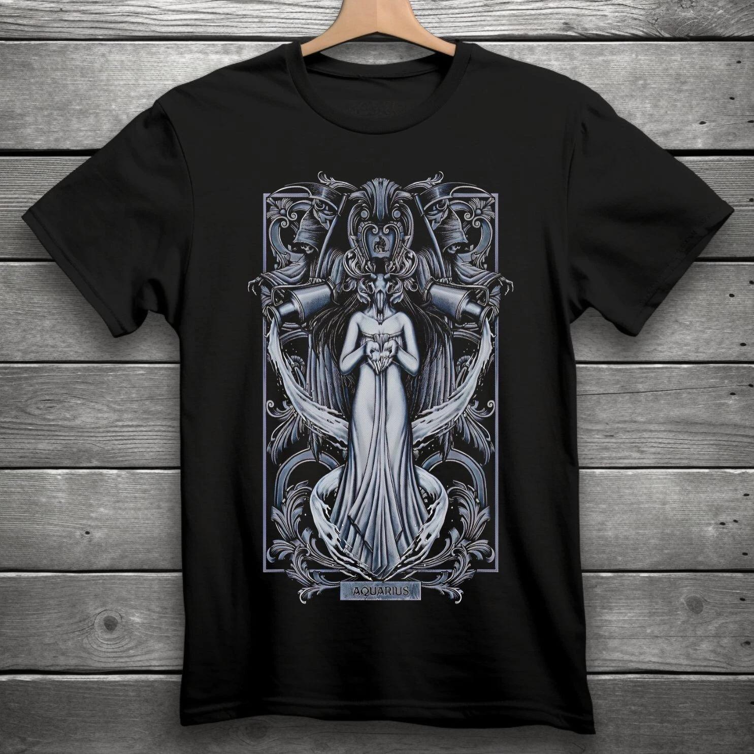 Aquarius Zodiac Sign Goth Skull Unisex Black T-Shirt S-3XL XXXXL