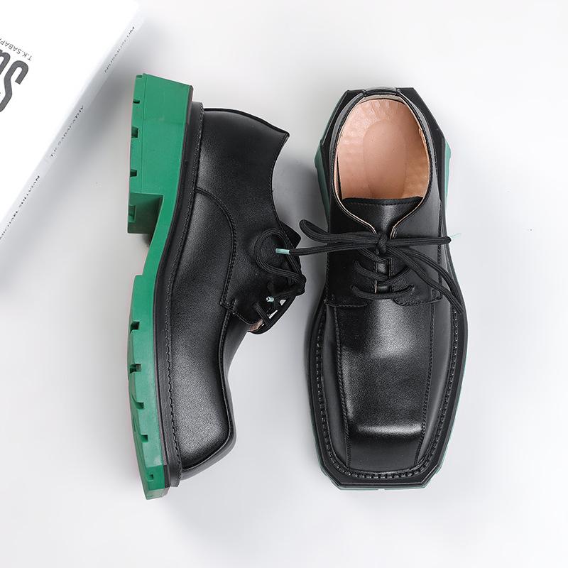 Fashion Mens Casual Leather Derby Shoes Men's Square Toe Trendy Personalized Designer Shoe Men Lace-up Thick Sole Heightened Shoes