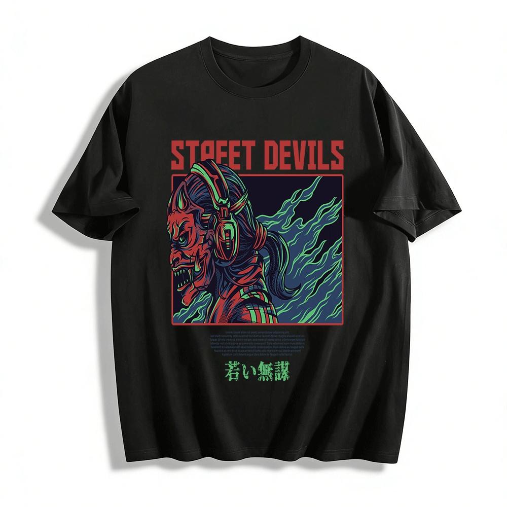 

Cyberpunk Red Oni Headphone Graphic Streetwear Loose T-Shirt Pure cotton T-shirt XXS