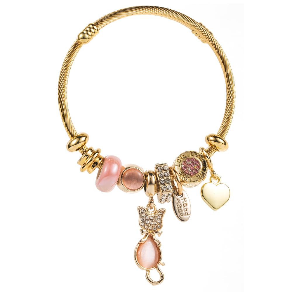 

Браслет из нержавеющей стали с бусинами, подвеска в виде кошки, сердца и бриллианта, регулируемый модный браслет для лучших друзей розовый