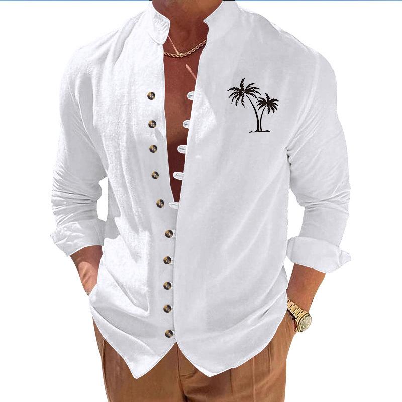 Coconut Tree Casual Printed Vintage Stand Collar Long-Sleeved Button-Down Men's Shirt