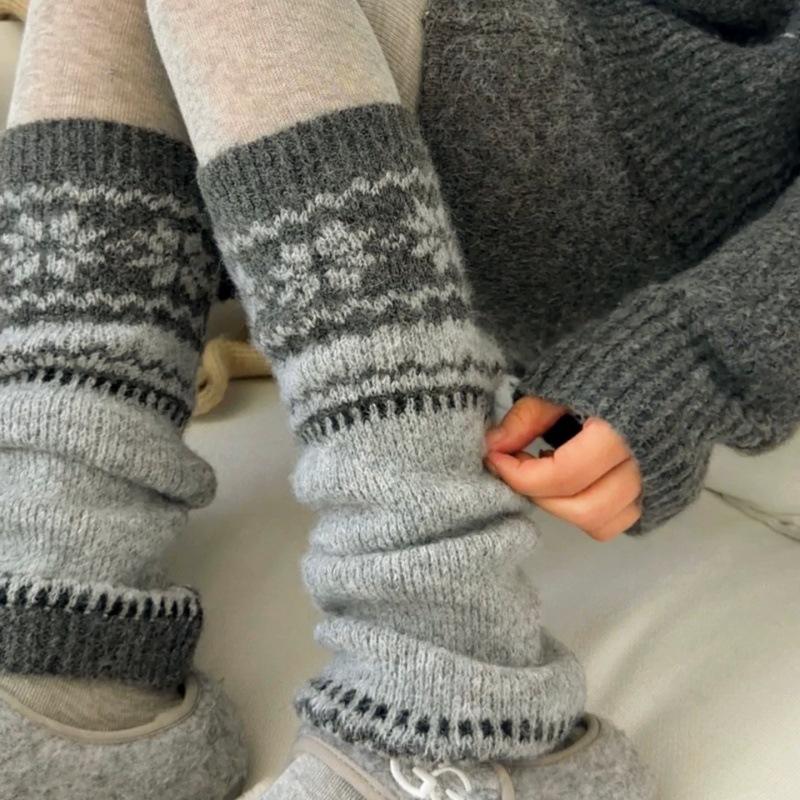 Snow Boots, Vintage Socks, Gray Stacked Socks, Slimming Knitted Socks, Nordic Calf Socks, Leg Covers