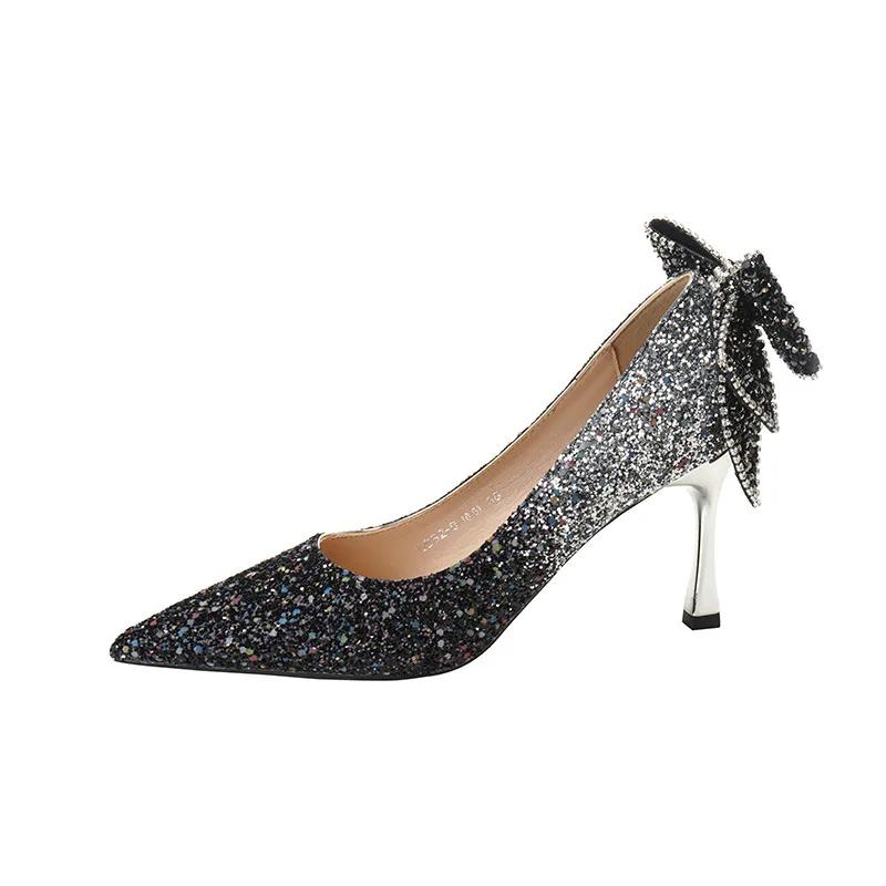 Autumn New Women's Luxury Pointed Rhinestone Bow Crystal Sequins Colored High Heel Single Shoes Banquet Wedding Shoes
