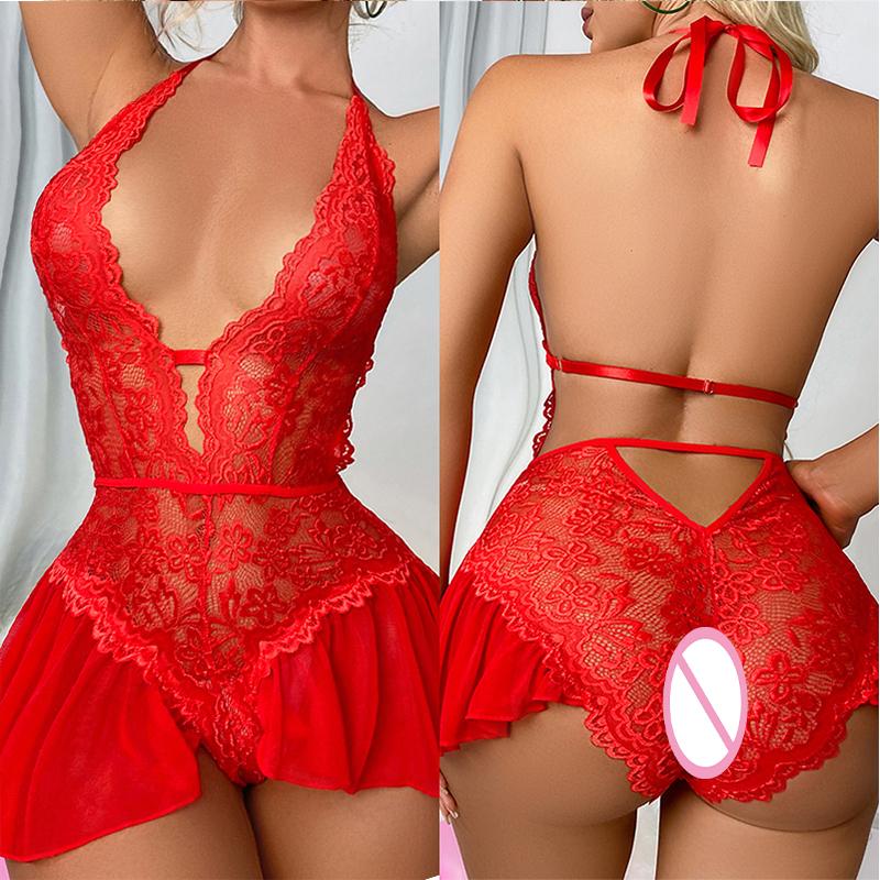 Hot Popular Plus Size Doll Sexy One-pieces Transparent Deep V Lace Jumpsuit Babydoll Teddy Women's Lingerie Porn Open Crotch Set