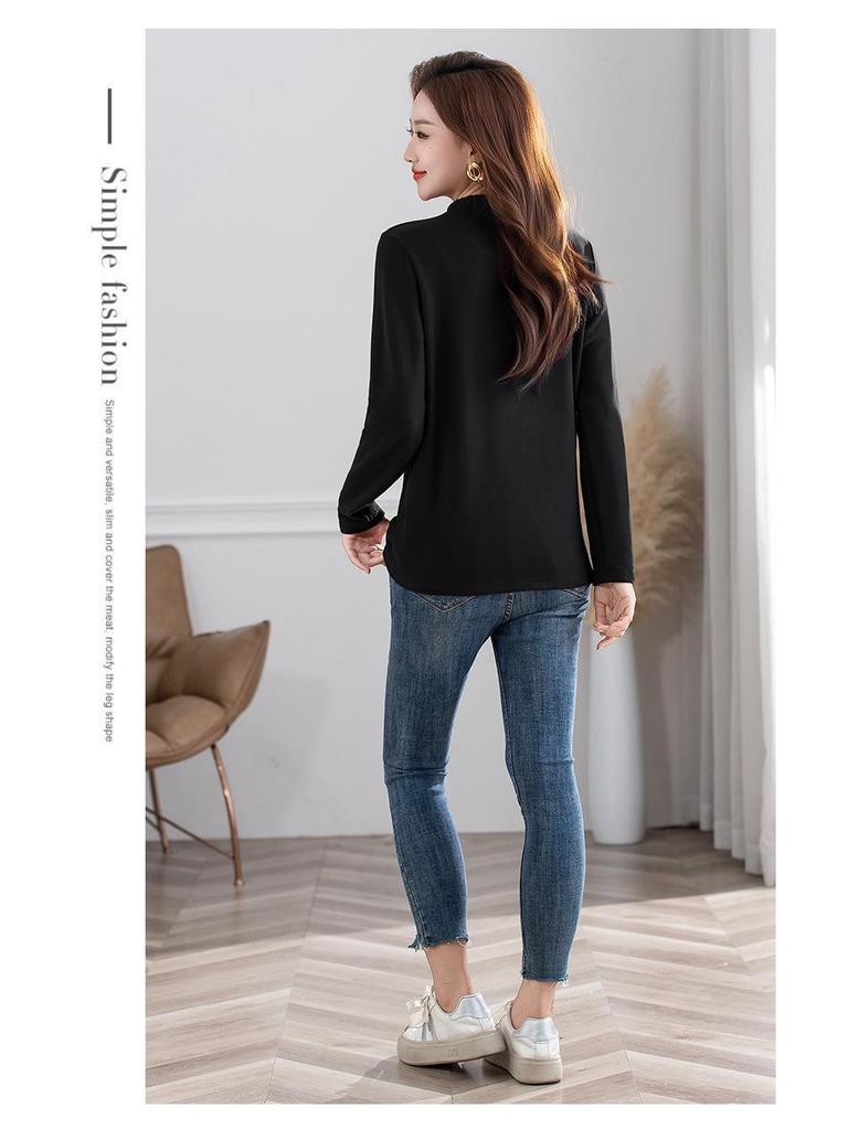 Velvet Semi-High Neck Long Sleeve Women's Plus Size Autumn T-Shirt