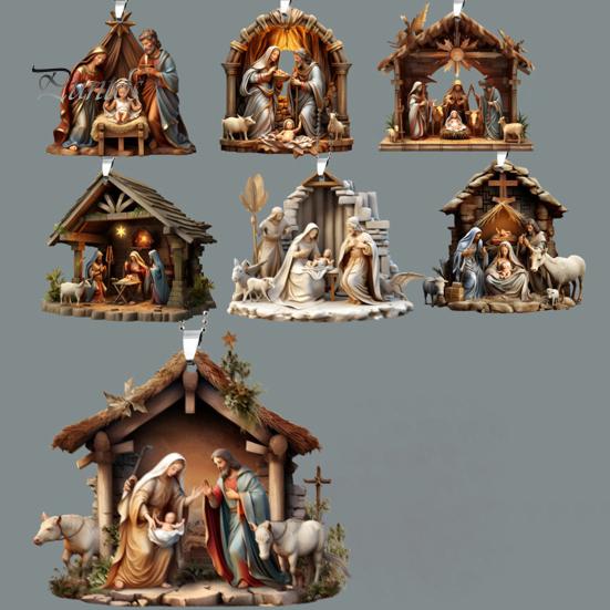 Christmas Pendant Ornament Jesus Family Prayer Scene Pendant Bright Colored Religious Symbol Pendant for Home Car