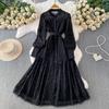 Autumn Elegant Lantern Sleeve Mesh Lace Patchwork Midi Dress for Women Vintage Flower Embroidery Single-breasted Party Dresses with Belt
