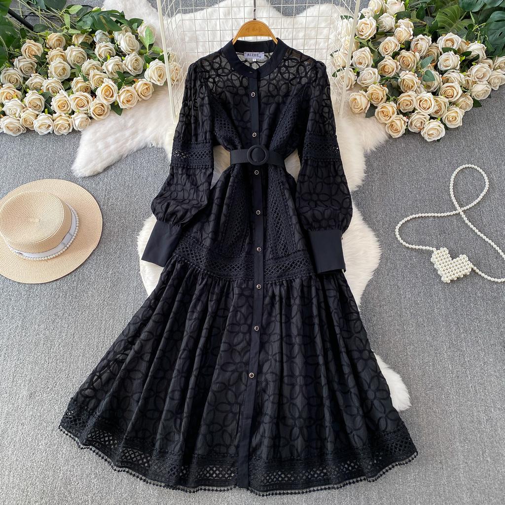 Autumn Elegant Lantern Sleeve Mesh Lace Patchwork Midi Dress for Women Vintage Flower Embroidery Single-breasted Party Dresses with Belt
