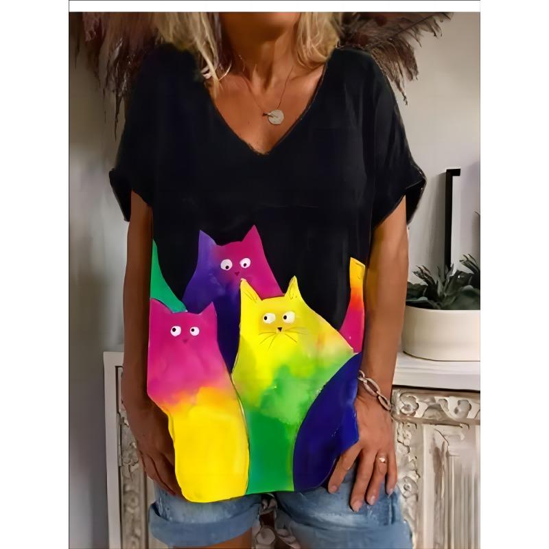 Nadměrné tričko Plus Size pro ženy: 3D rozkošná kočka, výstřih do V, letní módní streetwear, prodyšné, ležérní