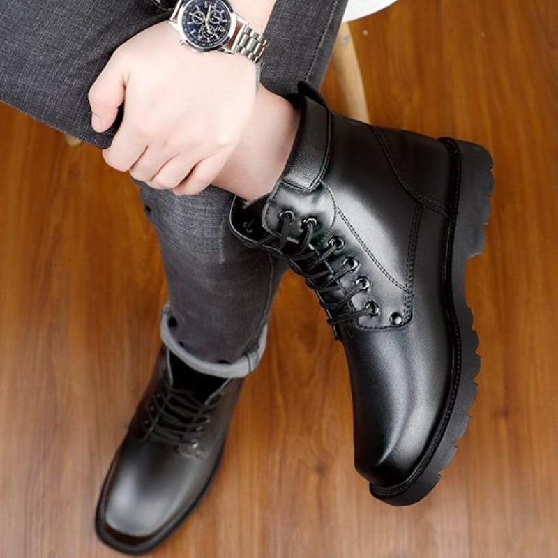Genuine Leather Men's Winter Warm Wool Cotton Padded Lace Up High Top Snow Boots Fleece Lined Outdoor Slip Resistant