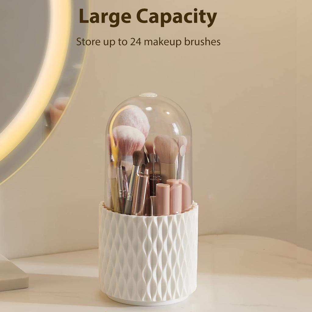 Makeup Brush Holder Dustproof & Waterproof 360 Rotating Cosmetics Make Up Brush Organizer Storage With Lid For Vanity