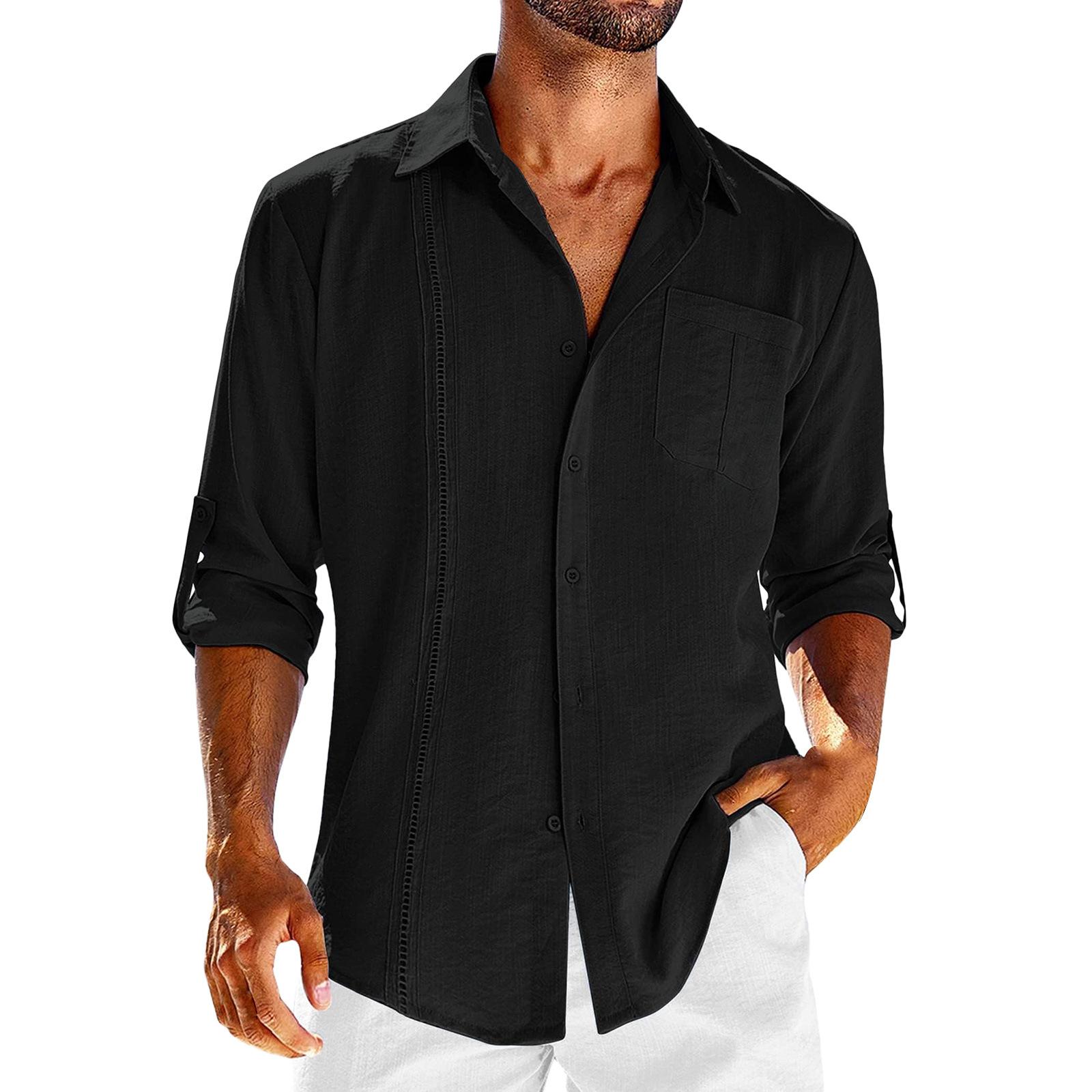 

Men s Cotton Linen Lace Casual Wristband Pocket Casual Inch Shirt XXL чорний