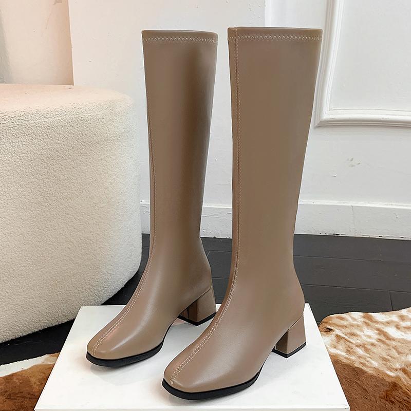 Autumn Winter Thick Heels Woman Knee High Boots Fashion Square Toe Party Dress Shoes Female Vintage Long Booties  De Muje