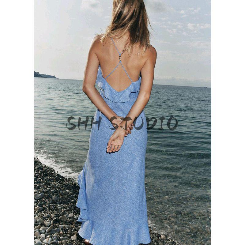 Summer New Product Women Clothes Holiday Style V-neck Linen Blend Laminated Decoration Sling Dress 7953757