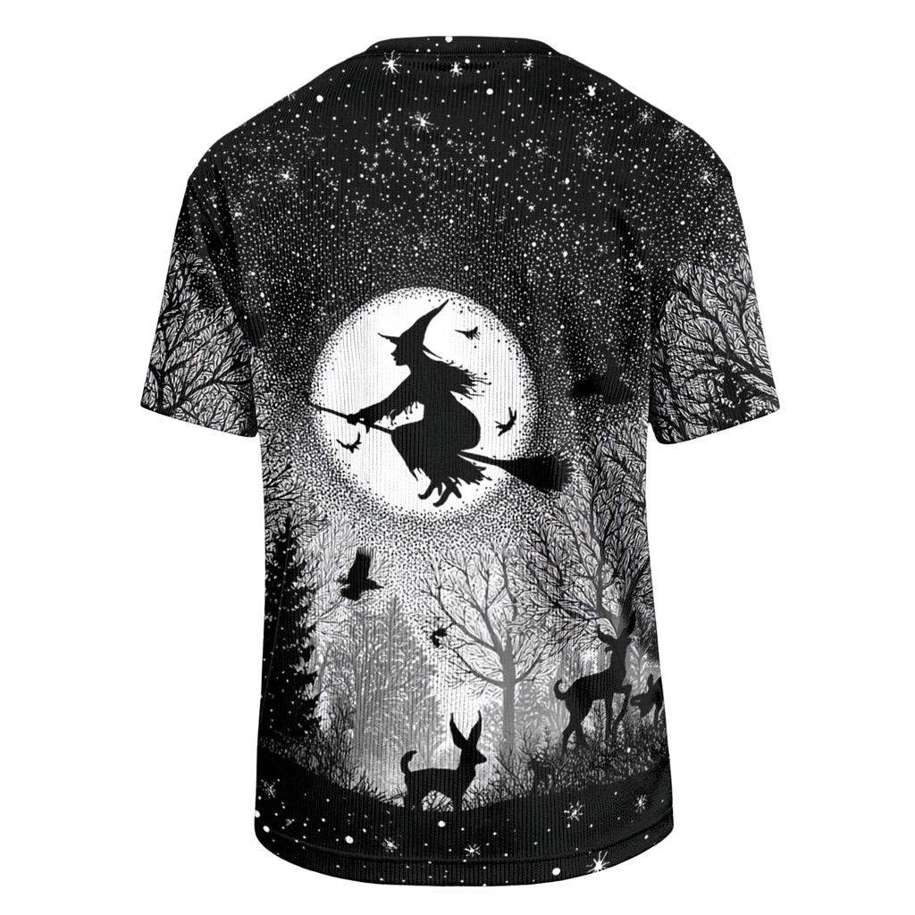Men's Casual Corduroy Short Sleeve Lightweight Breathable Round Neck Shirt Halloween Print Design Suitable for Everyday Wear