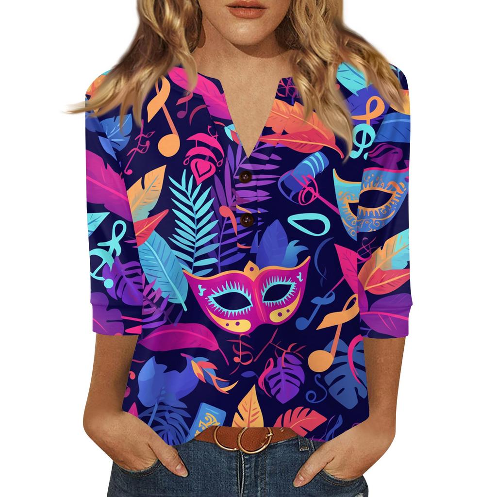 Women's Carnival Printed Fashionable Casual V-neck Button Seven Inch Sleeve T-shirt Top