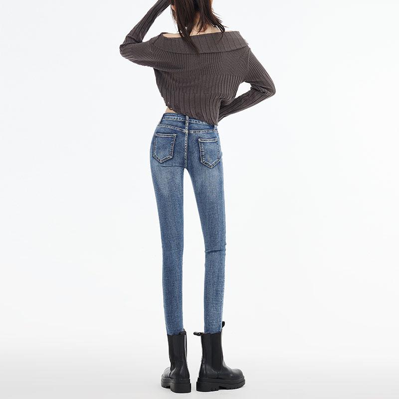 Autumn and Winter Pencil Pants High Waist Breasted Belly Thin Elastic Nine-point Jeans Women