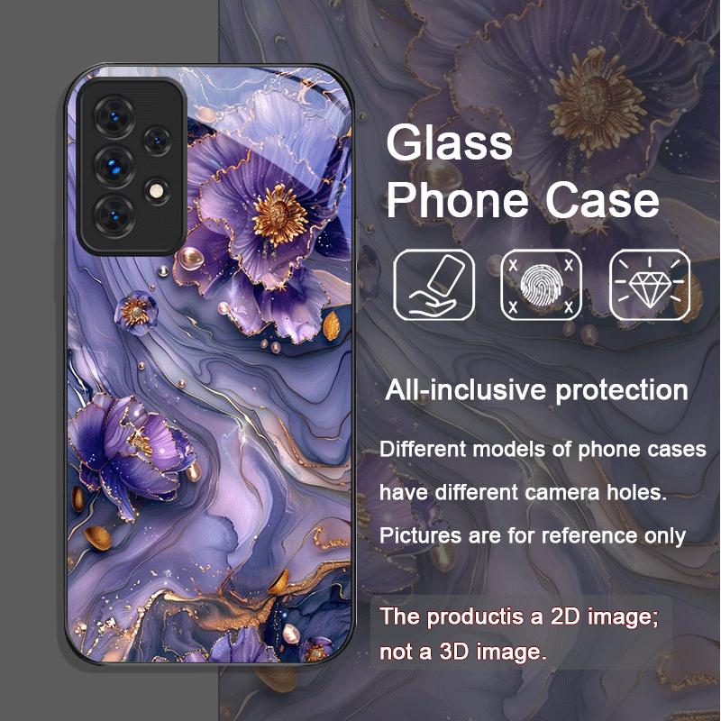 Luxury Lotus Marble Floral Pattern Tempered Glass Phone Case for Samsung Galaxy A56 A72 A55 A54 A53 A52 A36 A15 A14 A13 5G Cover