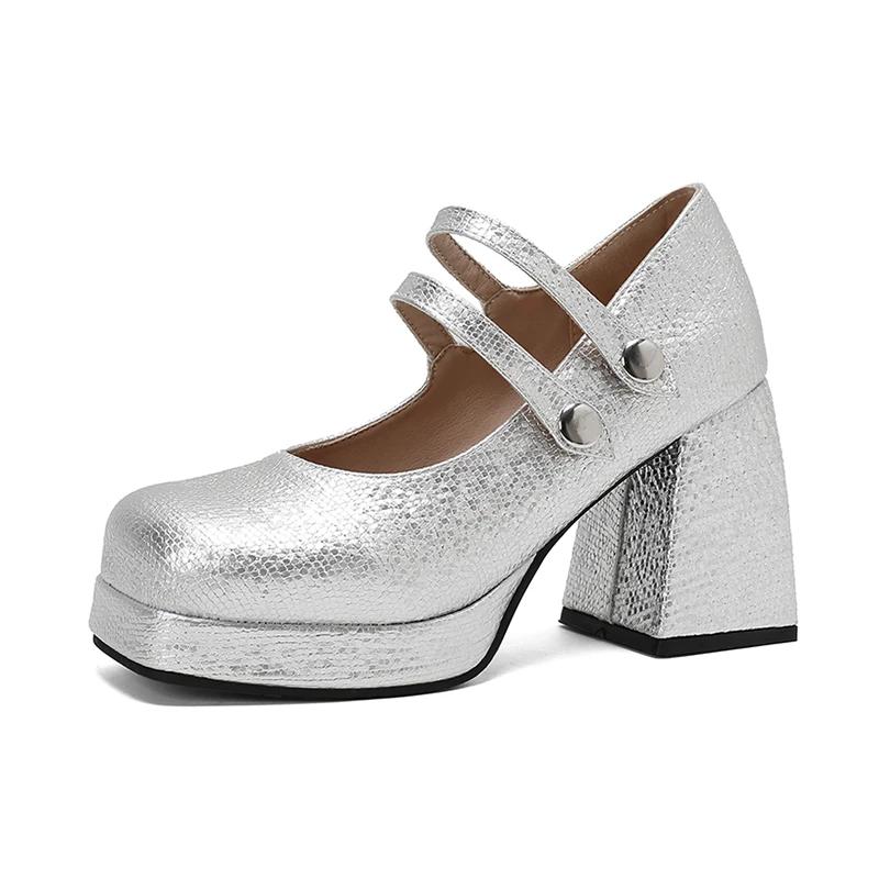 

Большой размер Двубортные металлические пуговицы Ультравысокие толстые каблуки Корейский стиль Высокие каблуки Квадратный носок Платформа Дышащие Туфли с вырезами 39 серебряный