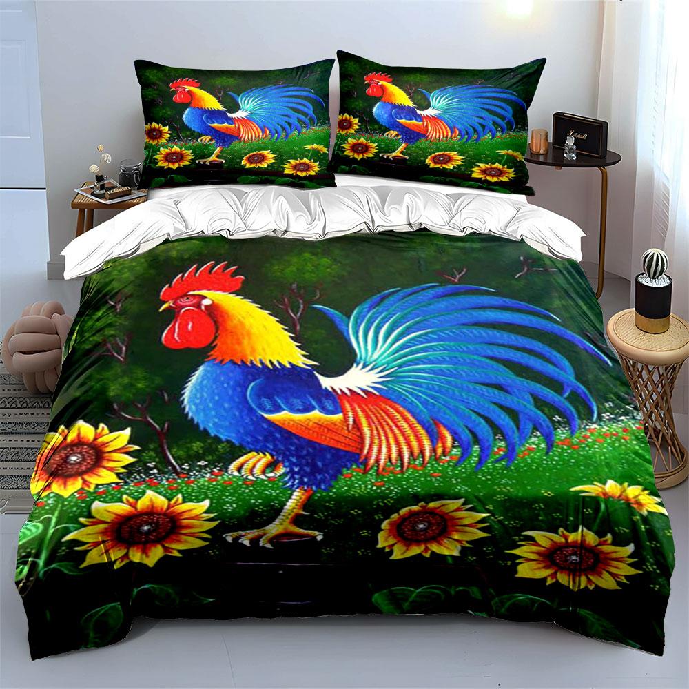 Colorful Rooster Floral Wall Art Multiple Sizes Kid'S And Adults' Bedroom Exquisite 3Pc Bedding Set, Gift