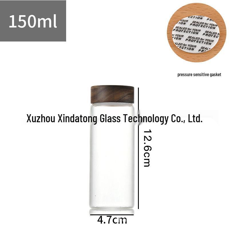 Acacia Wood Lid Borosilicate Glass Canister for Tea, Agarwood Bracelet Display, or Medicine Powder Storage.