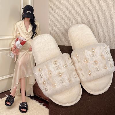 Pantoufles de loisirs de mode Femmes Peluche courte Quotidien Plates Talons bas Fourrure Chaussures pour femmes À enfiler Cordon Perle Perle Chaussures d'hiver Grande taille