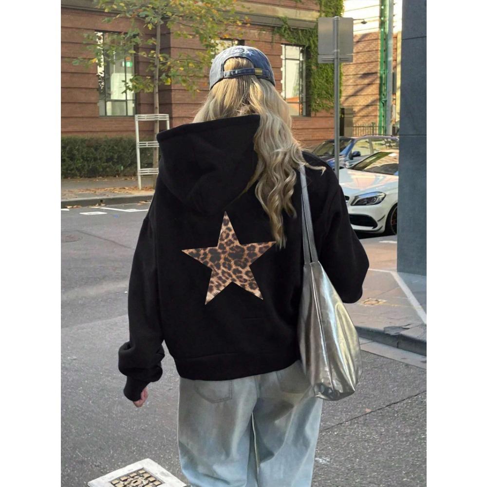 Casual Womans Hoodies Leopard Pentagram Pattern Printing Pullovers Loose Pocket Warm  Sweatshirts Autumn Female Clothing