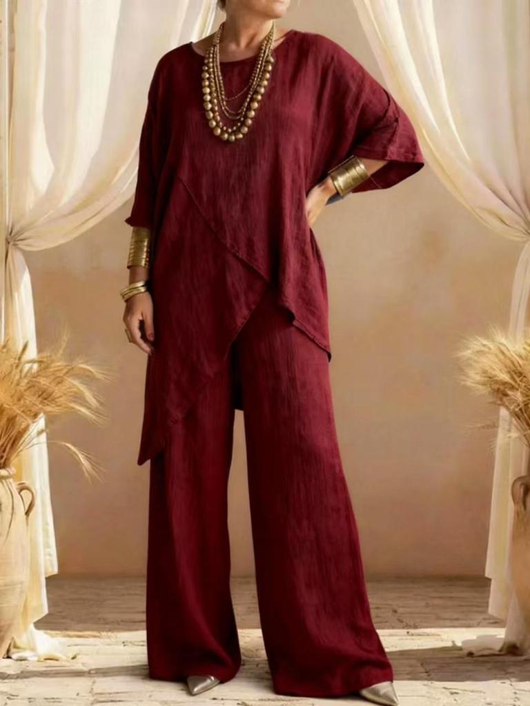 Dámský lněný dvoudílný set Asymetrický top & Široké kalhoty Ležérní letní outfit