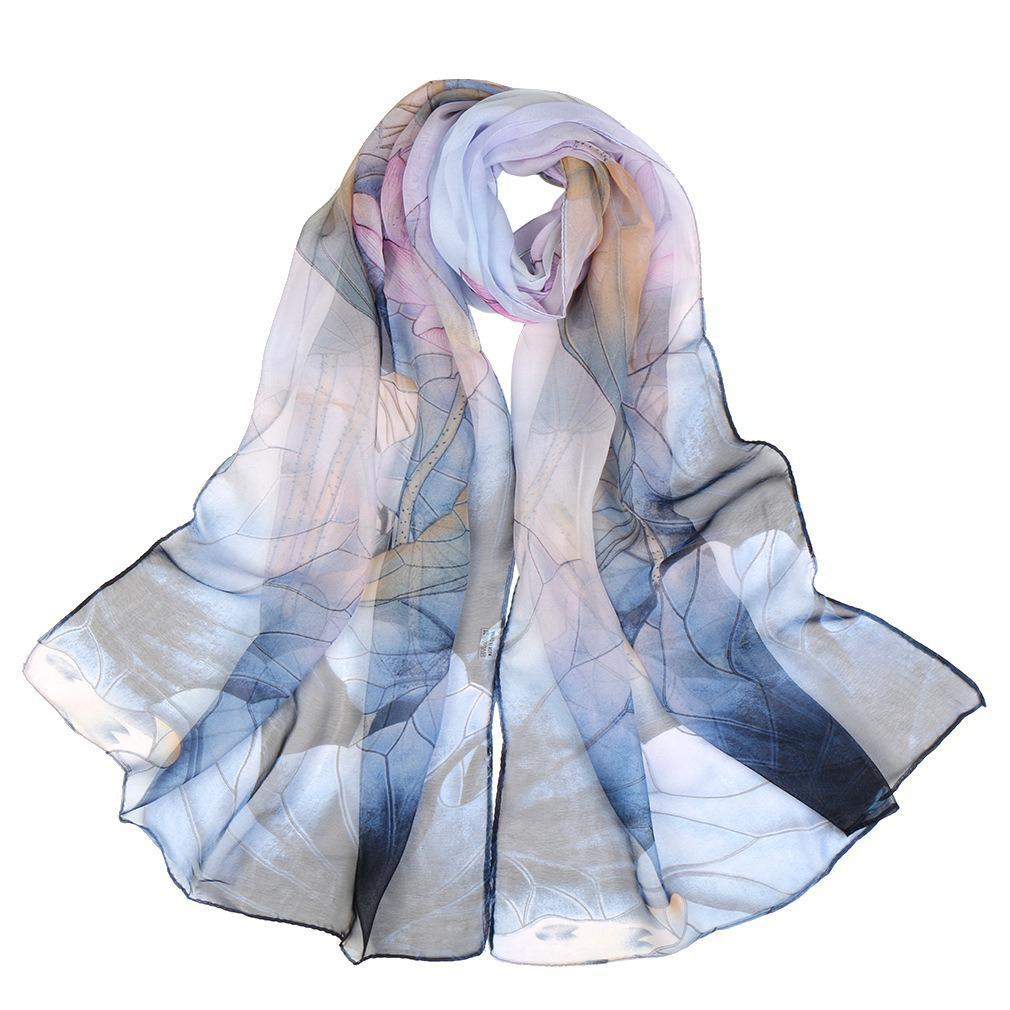 Lotus Geogette Medium-Long Silk Printed Scarf Summer Sunscreen Shawl Mom Gift Style Dance Versatile