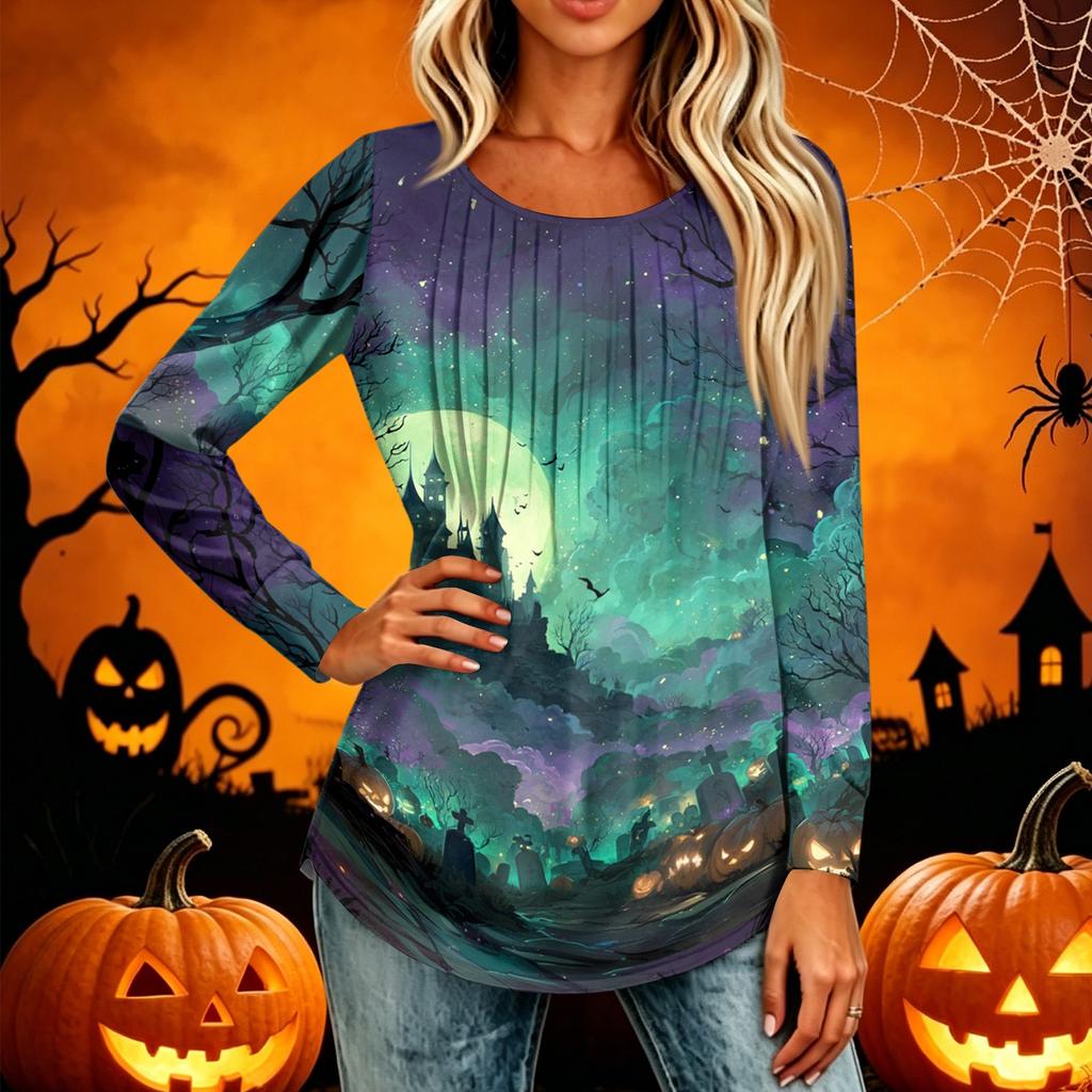 Women's Casual Long Sleeve T-Shirt Pleated Round Neck Halloween Pumpkin Print Top Lightweight Comfortable Fit