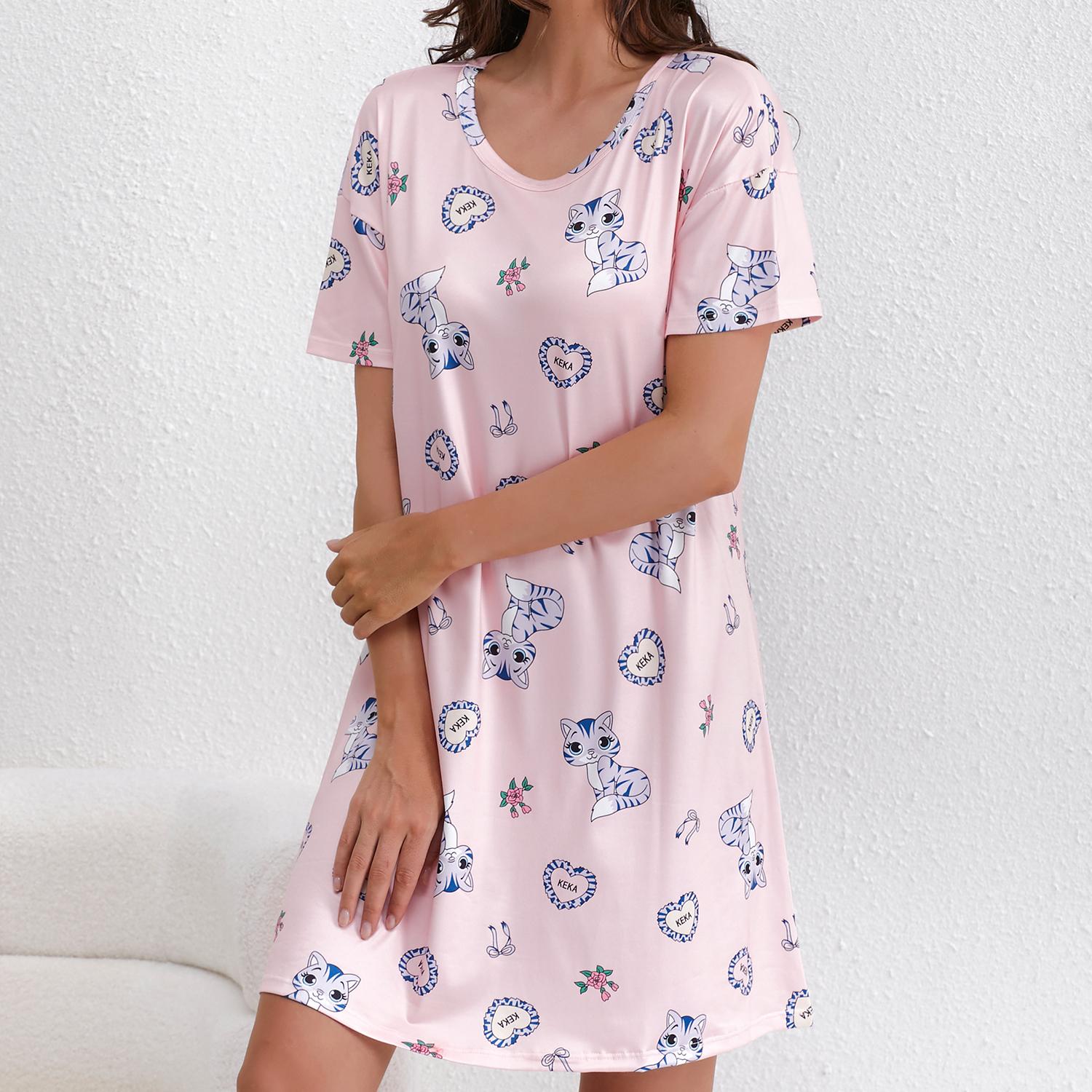 

Женское пижамное платье, трикотажные ночные рубашки из полиэстера с короткими рукавами и цветочным принтом, летние свободные рубашки для сна, домашняя повседневная одежда для сна и отдыха XXL розовый