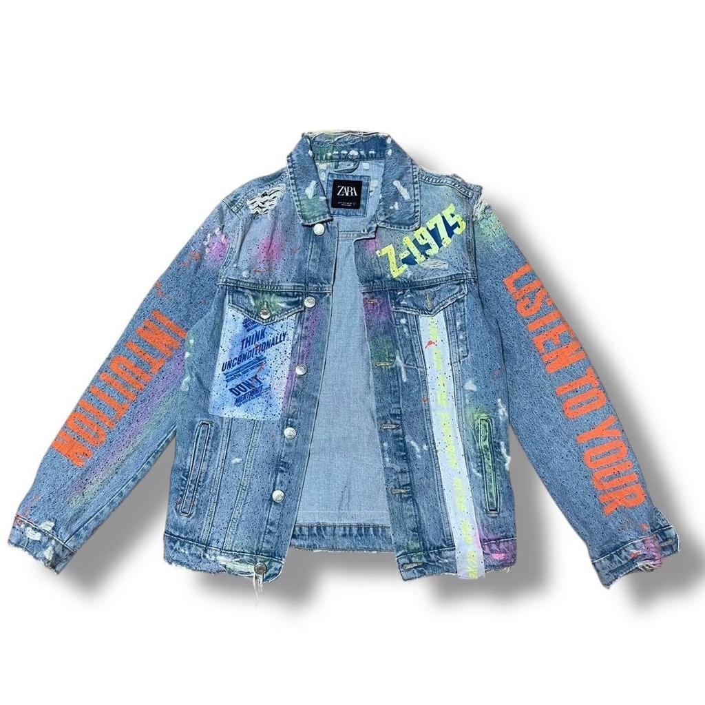 [USED] Classic ZARA colorful painted distressed denim jacket/jacket