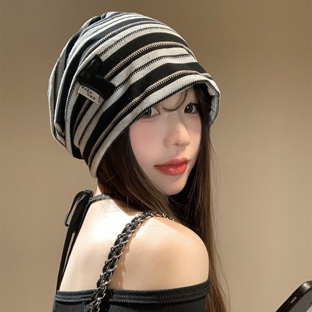 Korean Baggy Strip Hat Spring Autumn Beanie Hats Fashion Y2k Striped Cap  Women