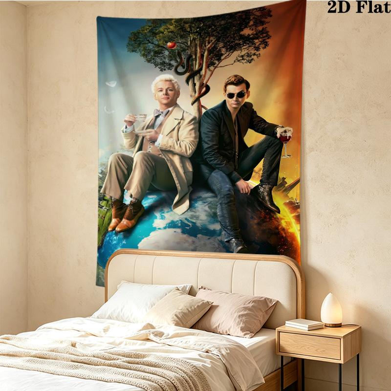 Good Omens Wall Tapestry Aesthetic Wall Hanging Printed Fabric Blanket Decorative Tapestries For Bedroom Living Room Home Decor