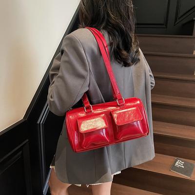 New Simple Oily Pu Multi-pocket Horizontal Women's Tote Bag Fashionable Women's Shoulder Armpit Bag