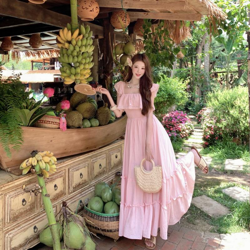 Coral Pink Resort Style Big Skirt Lace Splicing Dress Atmosphere Suspender Dress