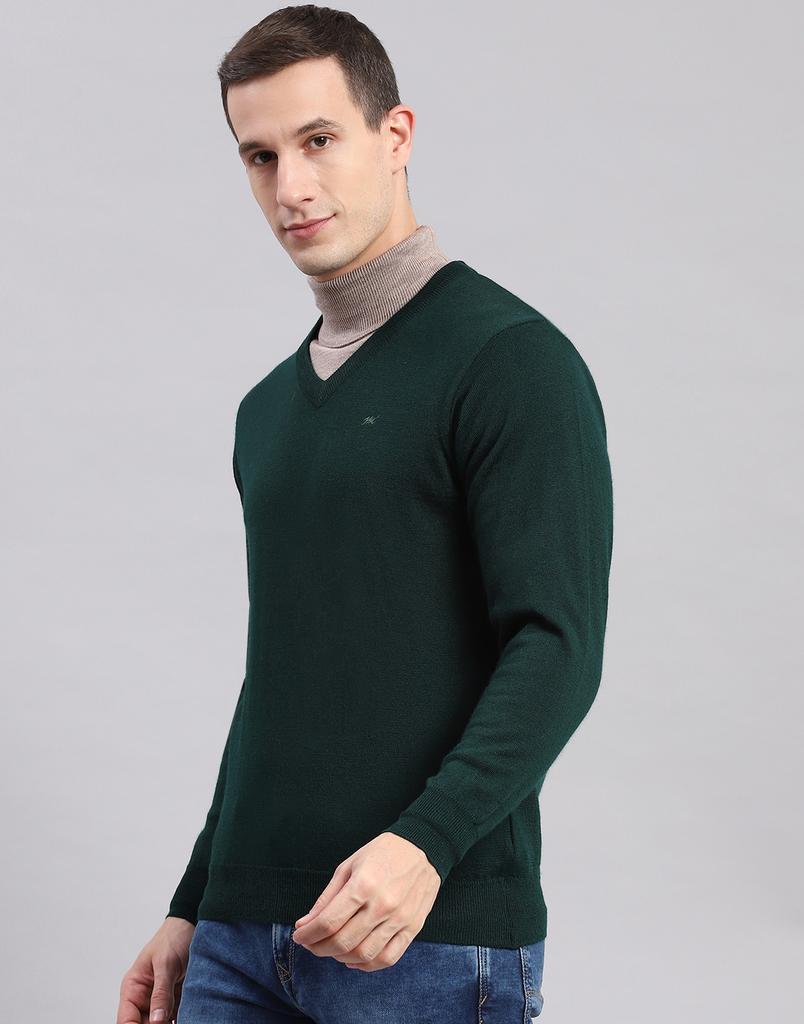 Monte Carlo Mens Solid Green V Neck Full Sleeve Pullover